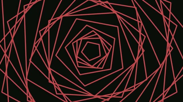 Abstract geometric background with concentric red pentagons forming a spiral vortex on black
