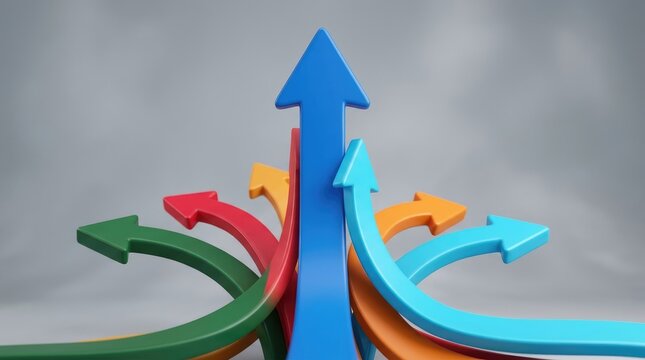Multiple colorful 3d arrows pointing in different directions, with a large blue arrow pointing upwards, symbolizing growth and progress