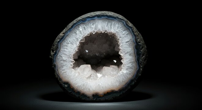 Geode cross-section with quartz crystal interior, dramatic side light, dark background, high contrast on crystal facets