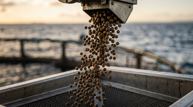Fish feed pellets falling from dispenser into container near water at sunset, showing aquaculture feeding process with natural light and calm sea background