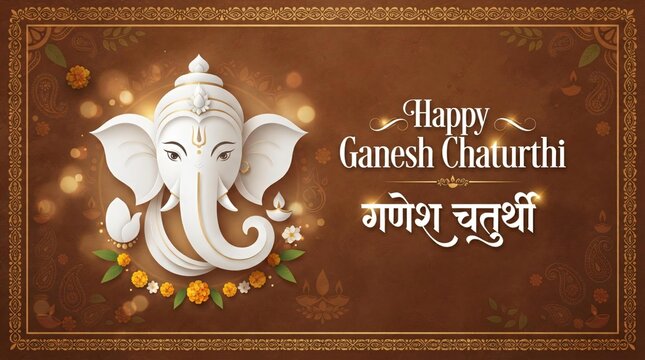 happy ganesh chaturthi written in hindi. lord ganesha paper art.