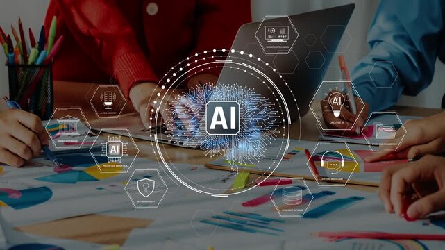 A dynamic team collaborating on artificial intelligence strategy while analyzing charts and using laptops, illustrating a modern workspace filled with creativity and innovation. Raster