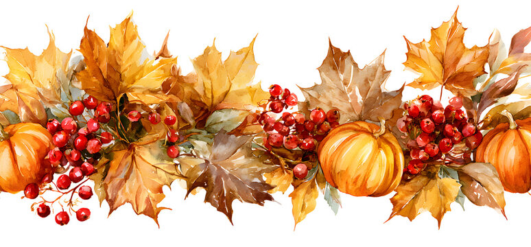Fall-themed illustration, bordered with vibrant watercolor leaves in shades of gold, brown, and orange, featuring pumpkins and berries. Perfect for Thanksgiving cards and posters. PNG format with a tr
