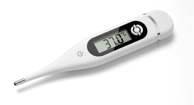 Digital thermometer measuring temperature on white background