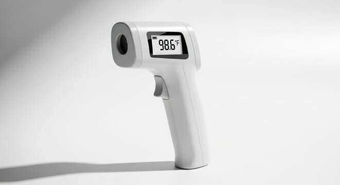 Medical infrared thermometer showing 98 6 degrees temperature isolated view