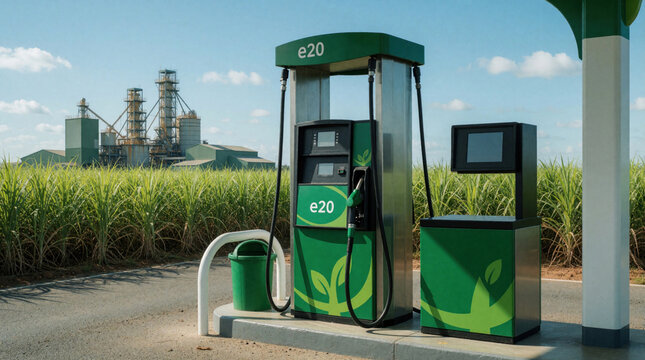 Green fuel pump stands at roadside service station near large sugarcane plantation field. Industrial facility produces bioethanol in background. Sustainable energy concept offers clean alternative