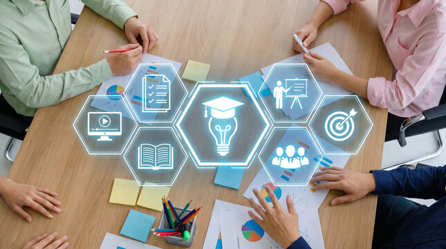 Learning school system smart teamwork meeting Learning school system smart teamwork meeting brainstorming. Digital education innovation future. academic student study classroom, cognition training