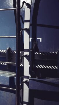 Bright sunlight casts dramatic shadows on a blue shipping container, creating an engaging contrast in an industrial area during a sunny afternoon. The scene captures a moment of urban life.