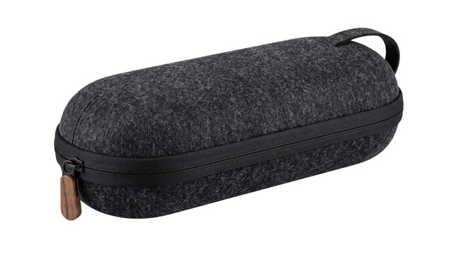 Dark gray felt oval zippered case with handle and wood png isolated on transparent background