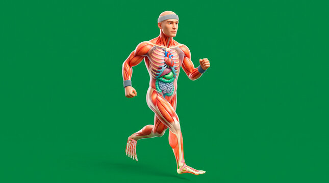  detailed human body anatomical representation of the human muscular system showing various muscle groups in a dynamic running pose to illustrate muscular structure biomechanics and physical fitness 