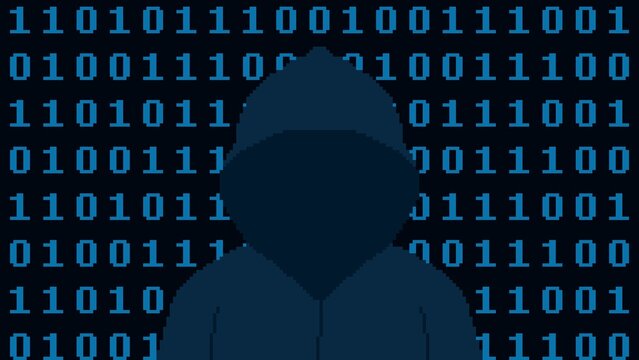8-bit pixel art hacker with blue binary code