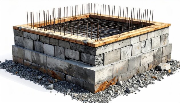 Square concrete block foundation with rebar reinforcement and wooden formwork