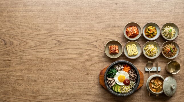 Traditional Korean Bibimbap with Assorted Side Dishes on Wooden Table