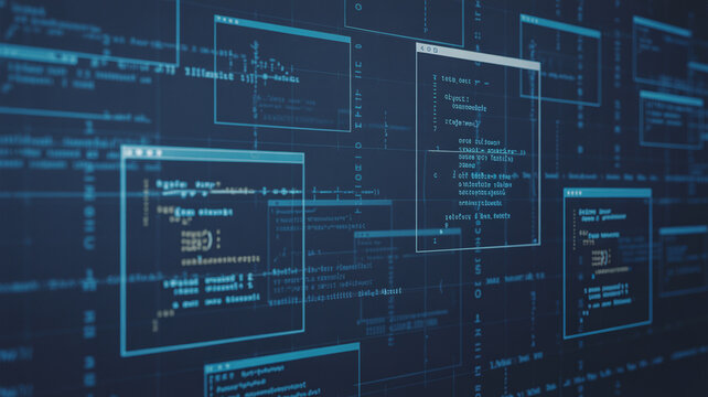 Abstract background of glowing computer code in various windows on a dark blue grid.