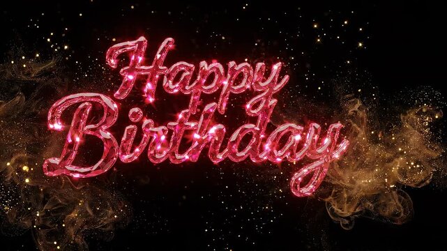 Ruby Glass Happy Birthday Calligraphy Shimmering Slowly in Centered Composition, Crimson Jewel Glow on Matte Background