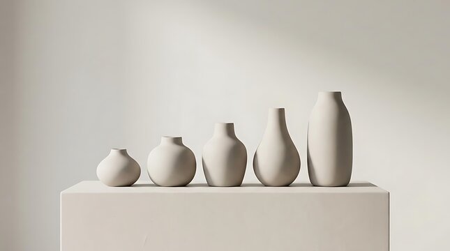 Minimalist ceramic vases abcde arranged in a row on a pedestal creating a serene and modern home decor aesthetic with soft lighting and neutral colors