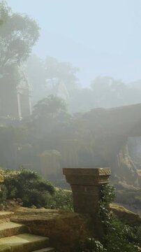 A serene landscape unfolds with ancient stone structures partially hidden in fog. Lush greenery envelops the remnants, evoking a sense of wonder and tranquility at dawn.