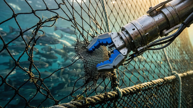 Robotic gripper fishing net fish farm aquaculture underwater technology marine automation sea ocean metal machinery industrial blue water netting aquatic environment close up equipment hand