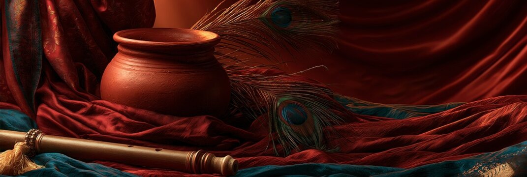 Traditional indian krishna janmashtami celebration setup with a clay pot, peacock feather, and flute, janmashthami festival banner realistic banner