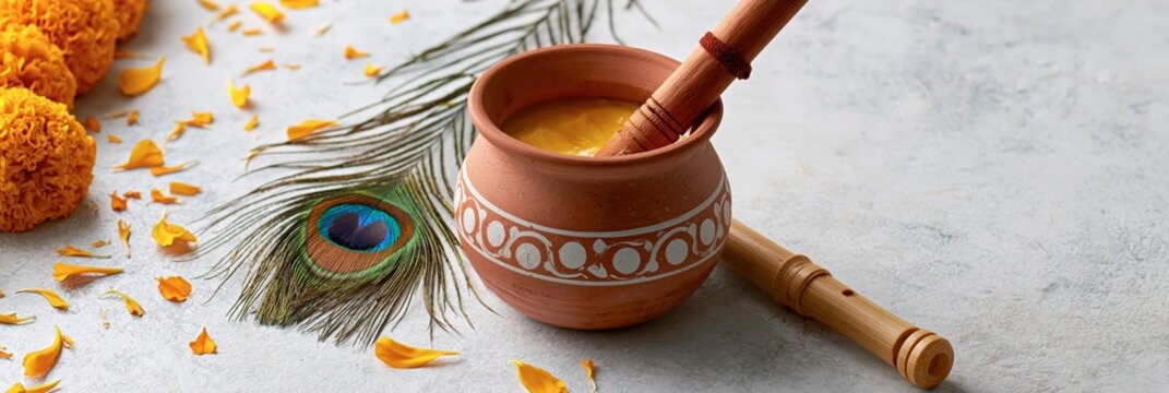 Traditional indian pot of butter with peacock feather and flute for janmashtami festival, janmashthami festival banner realistic banner