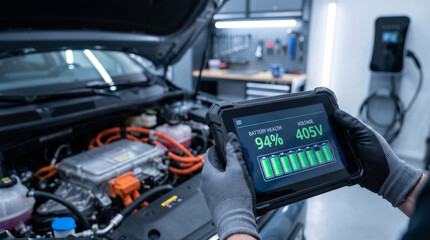 Obraz premium Mechanic holding a diagnostic tablet showing electric vehicle battery health and voltage status in a modern car repair workshop