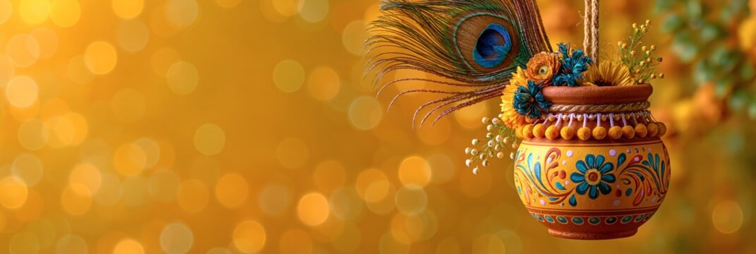 Dahi handi pot with peacock feathers and flowers for janmashtami festival celebration, janmashthami festival banner realistic banner