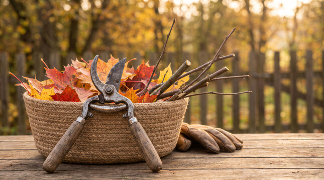 Autumn garden work concept with a basket full of fallen leaves and twigs, vintage pruning shears, and leather gloves on a wooden table