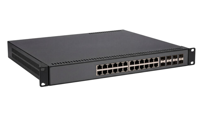 Front view of a black 24-port network switch with png isolated on transparent background