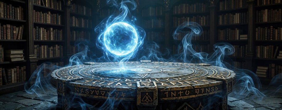 Glowing blue orb floats above ancient stone altar with mystic symbols. Swirling smoke rises in library full of old books. Dark room atmosphere for fantasy or magic theme.