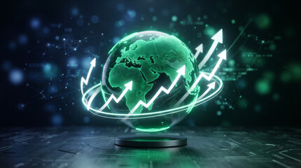 Obraz premium Digital globe with rising financial arrows, representing global economic growth, business expansion, and international trade technology