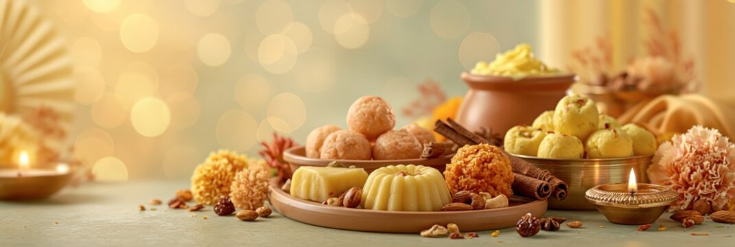 Festive indian sweets and diya lamp composition for diwali celebration, janmashthami festival banner realistic banner