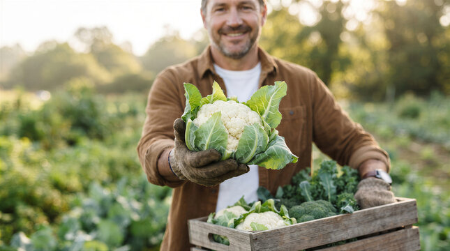 Smiling farmer holding a fresh cauliflower in his hand with a wooden crate full of harvested vegetables in a sunny organic farm field
