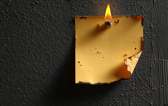 Minimalist paper note burning against dark textured wall
