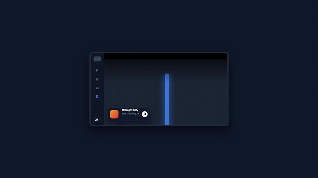 Futuristic Dark User Interface Music Player Dashboard with Neon Accents and Sliding Card Animation for Modern Tech App and Multimedia Software Interface Design