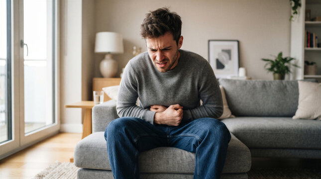 A young man sitting on a sofa in a living room, holding his stomach in pain and looking distressed, suffering from abdominal discomfort