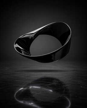 Abstract luxury glossy black mobius loop ring floating over marble floor in dark room