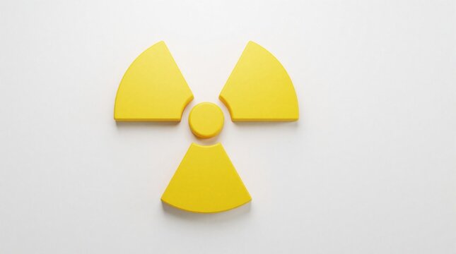 Bright yellow radioactive hazard symbol isolated on white background. Warning sign graphic icon for danger nuclear contamination atomic energy industrial safety alerts and health risks.