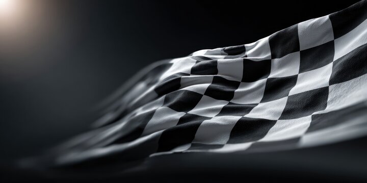 Racing flag waving against dark background motion blur high contrast finish line