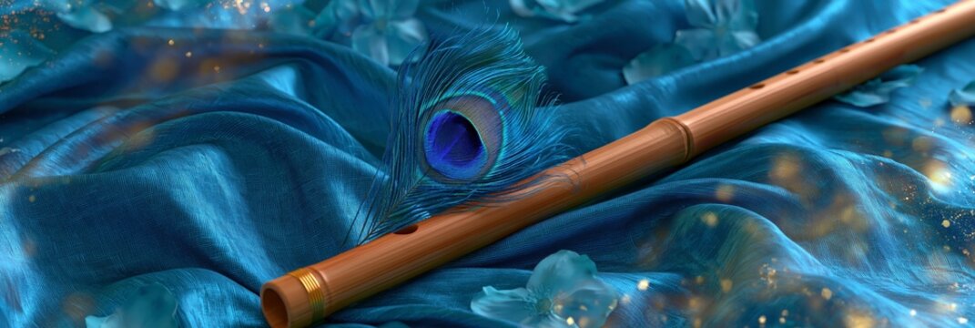 Peacock feather and bamboo flute on blue silk fabric with golden sparkles, janmashthami festival banner realistic banner