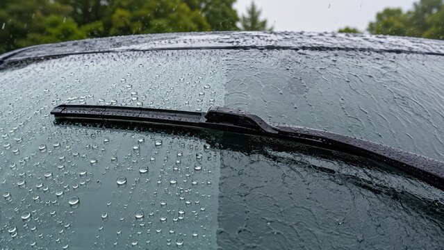 Windshield wiper on rainy glass with hydrophobic coating