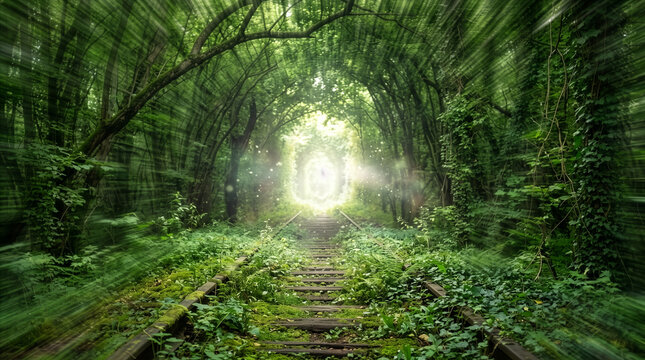 Old abandoned railway track leading into bright light through lush green forest tunnel with wilderness abandoned landscape adventure mysterious woodland perspective sunlight