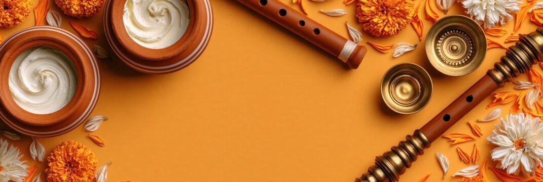 Janmashtami festival background with butter pots, flute, cymbals and marigold flowers, janmashthami festival banner realistic banner