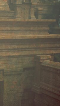 Majestic stone ruins rise from the ground, partially shrouded in mist. Sunlight gently breaks through trees, illuminating intricate carvings that hint at a lost civilization.