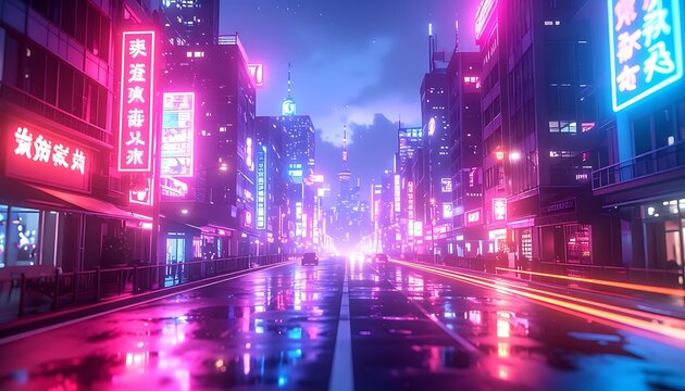 Neon lit city street at night.