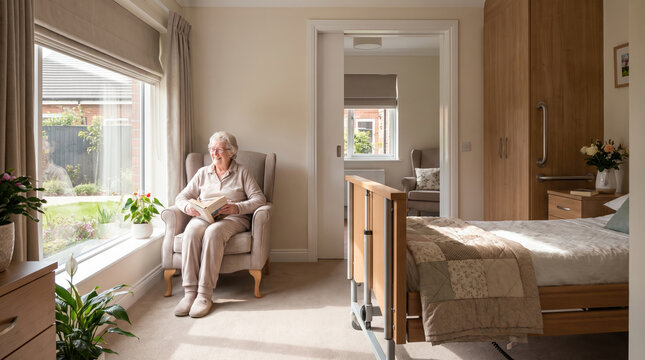 Elderly woman reading beside window in cozy room with natural light and comfortable armchair