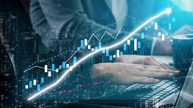 Business professional analyzes digital financial graphs and data trends on a laptop, showcasing investment growth and strategic planning in a modern office setting. Copula