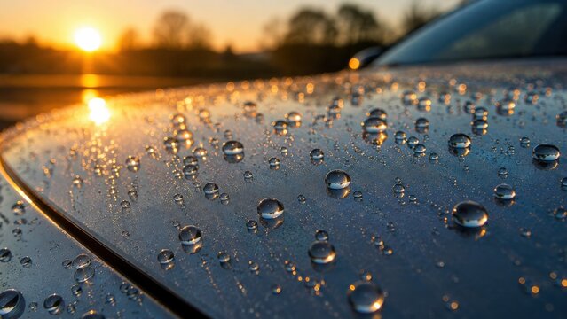 Water beads on car hood with ceramic coating at sunset