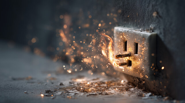 Close-up of a damaged electrical outlet with sparks. Power failure and electrical hazard warning.