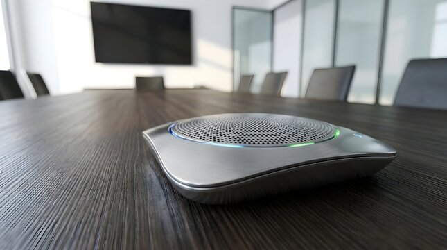 Close up conference room speakerphone device empty table