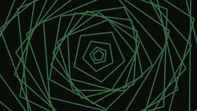 Abstract green pentagon geometric tunnel background with rotating optical illusion effect